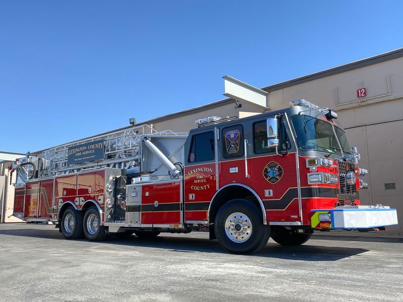 Lexington County (SC) Fire Services has put this Sutphen SPH 100 aerial platform quint in service in its fleet. (Photos 1-2 courtesy of Sutphen Corp.)