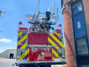 The tip of the Travis County aerial ladder carries a Task Force Tips Typhoon electric monitor with a M-ERP 1,500-gpm nozzle.