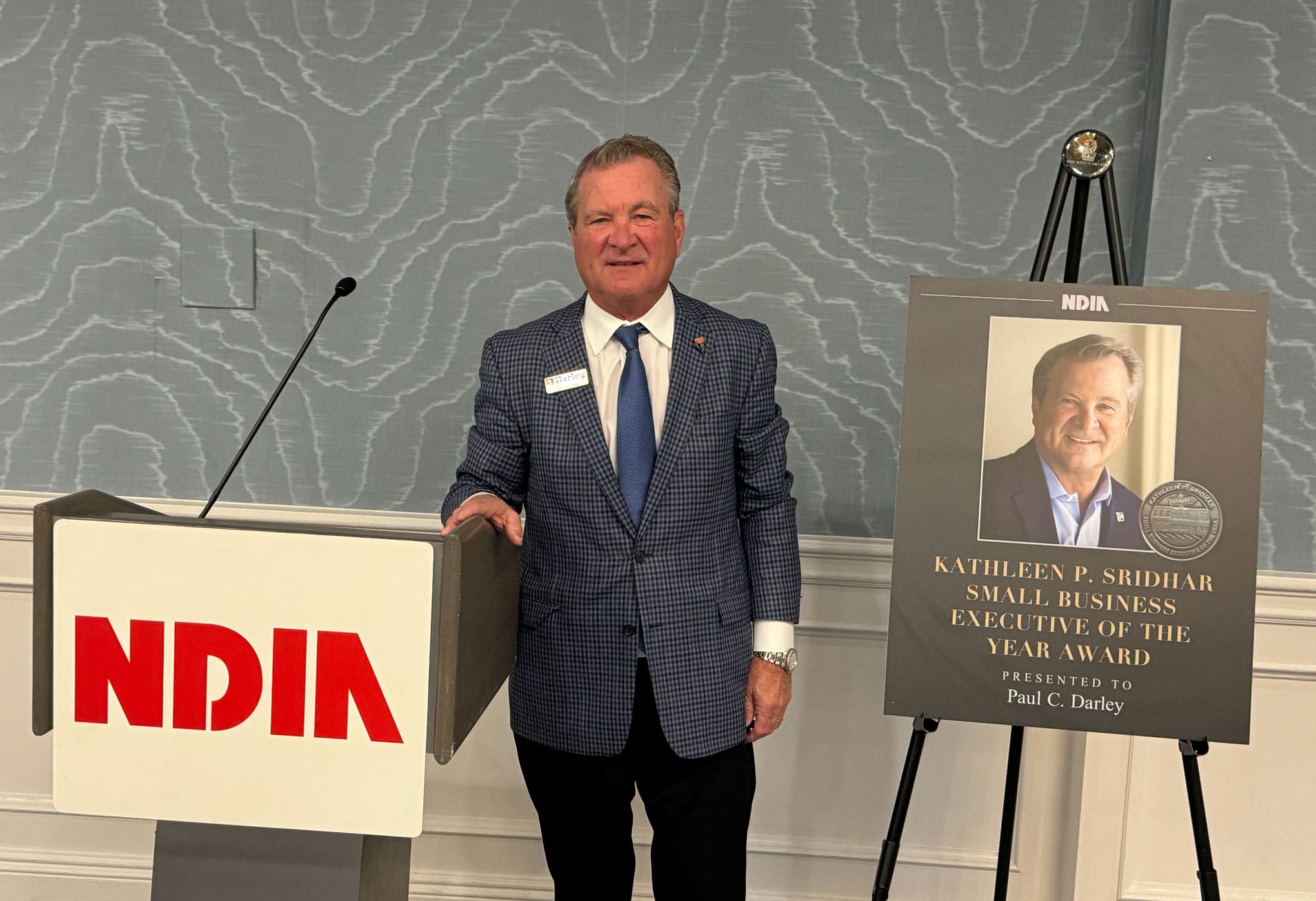 darley Paul C. Darley was awarded the Kathleen Sridhar Small Business Executive of the Year Award, presented annually to a small-business executive who exemplifies Dr. Sridhar’s leadership excellence and support for the defense sector.