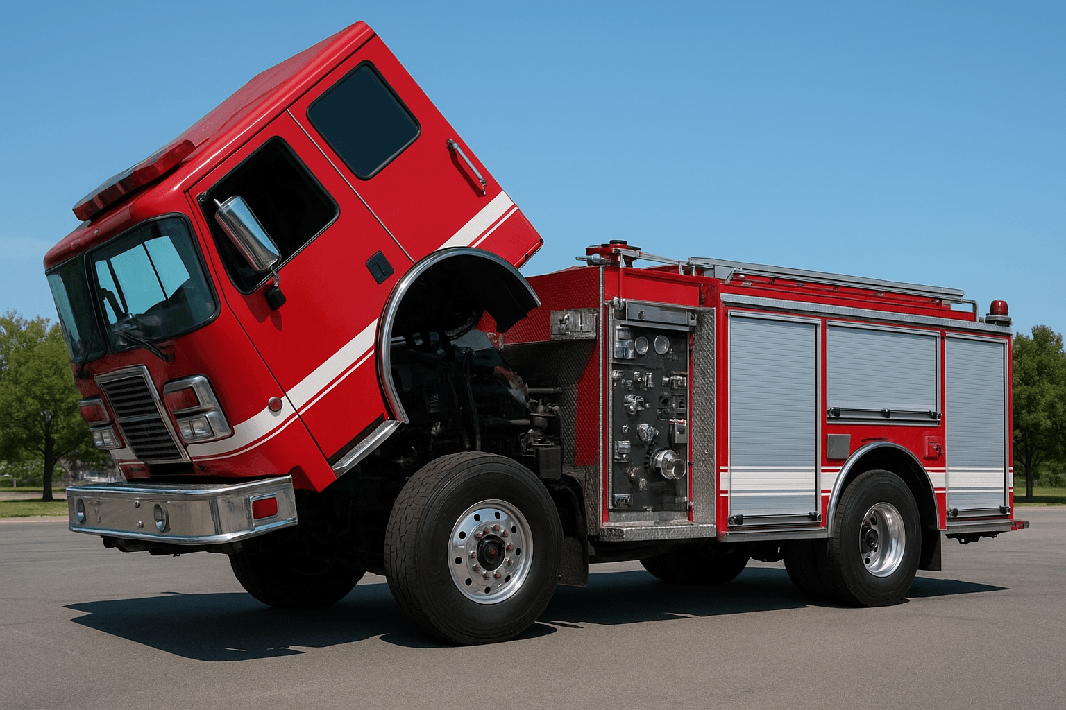 Red Fire Truck with Tilted Cab Image by ChatGPT.